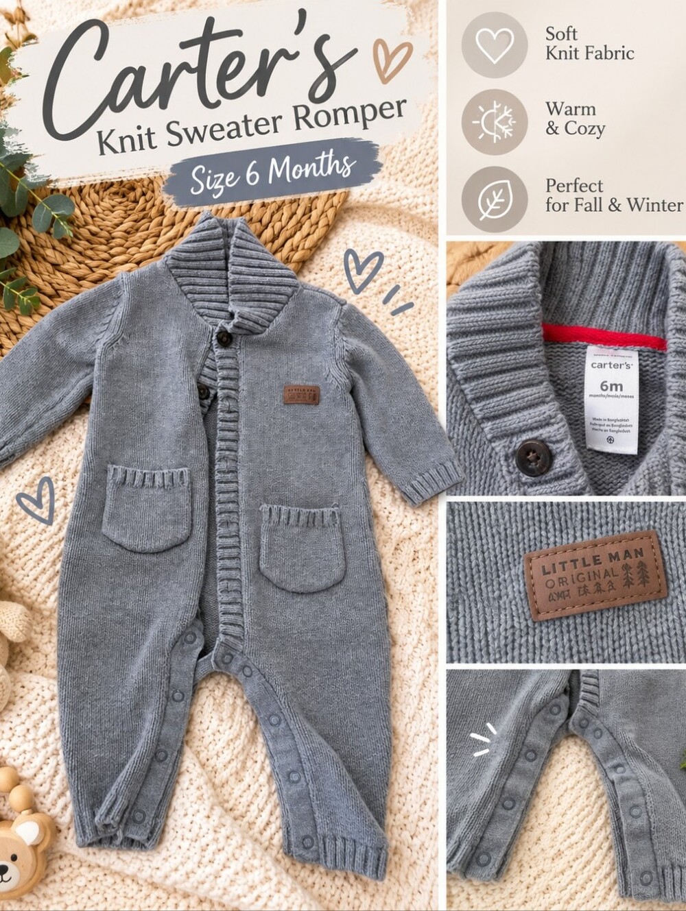 Carter's Gray Knit Baby Footie with Shawl Collar and Pockets